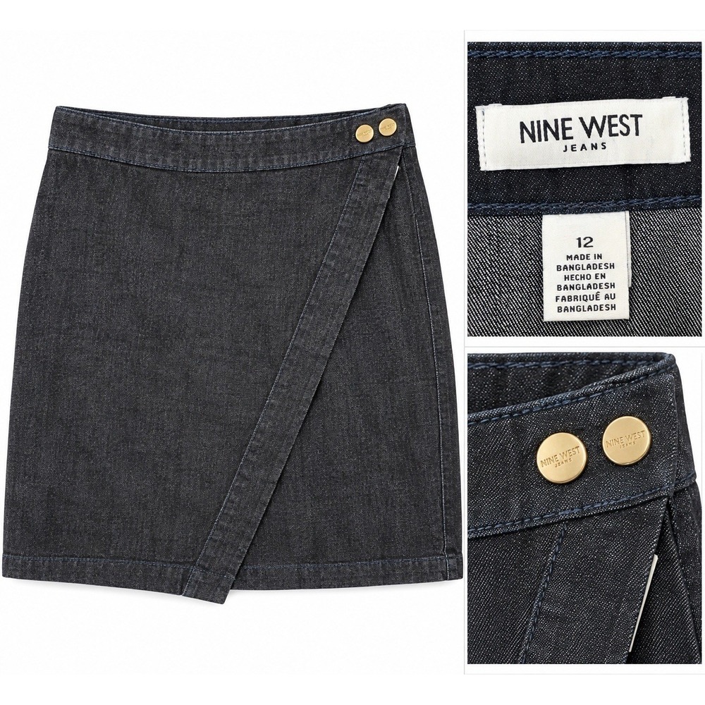 Nine West Jeans Women's Size 12 Black Denim Wrap Skirt Gold Button NWT